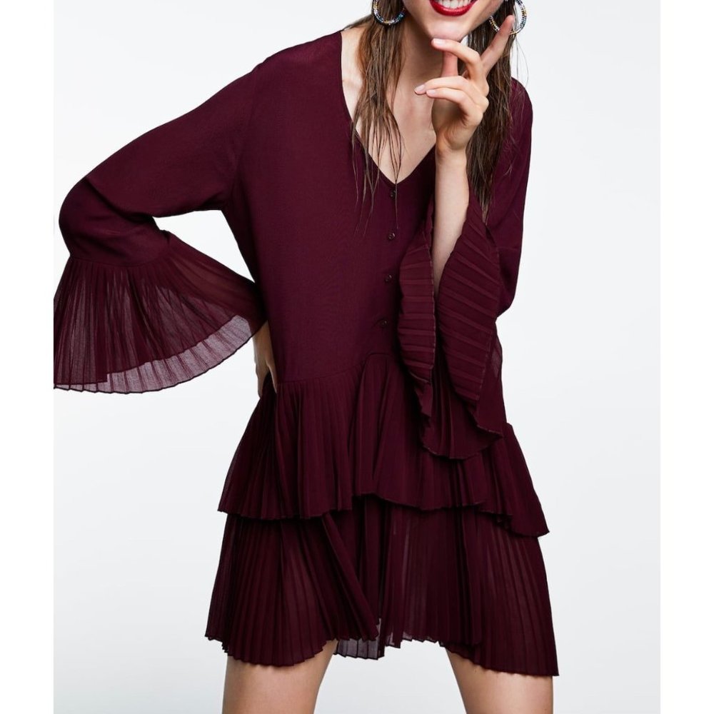 Zara Contrasting Pleated  Tunic Mini Dress NWT